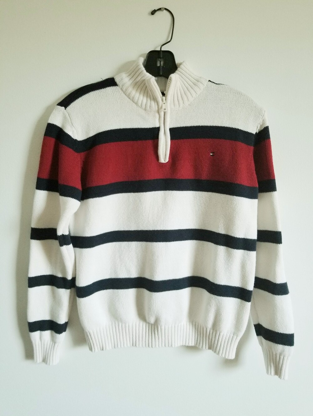 Tommy Hilfiger Boy’s White Navy and Red Striped Half-Zip Sweater